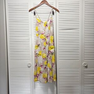 Forever 21 Linen Blend Button Front Lemon Floral Open Strappy Back Midi Size M